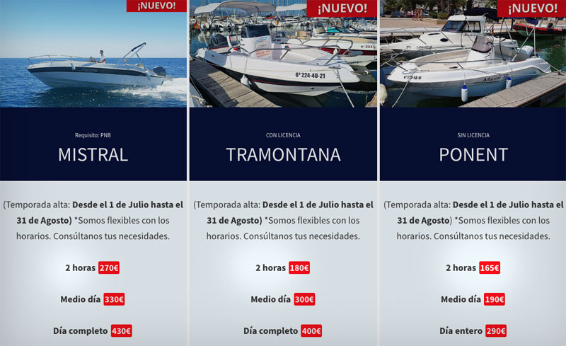 alquiler barco altea precios